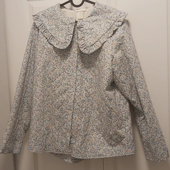 Flower Print Ruffle-Collar Shirt Jacket - Picture 2 of 7